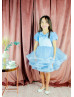 Short Sleeves Blue Satin Tulle Flower Girl Dress